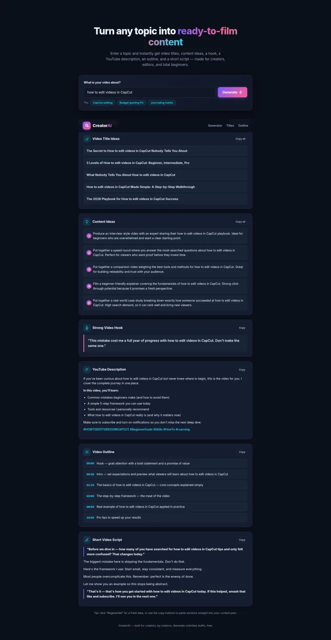 CreatorAI – AI Content Idea & Script Generator cover