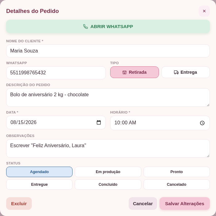 Agenda de Pedidos - Confeitaria