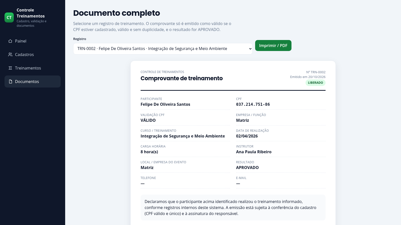 Controle de Treinamentos cover