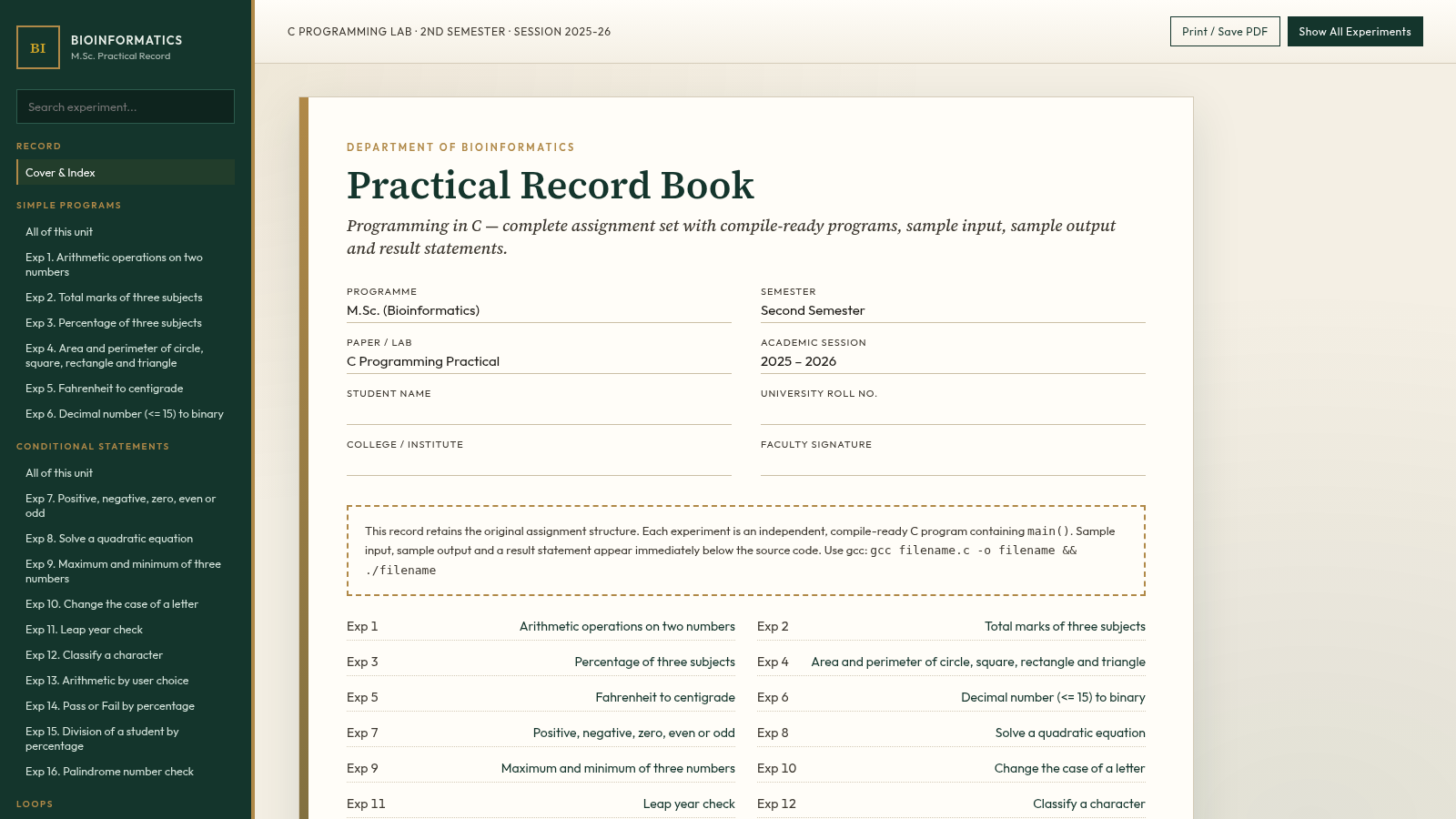 C Programming Practical Record