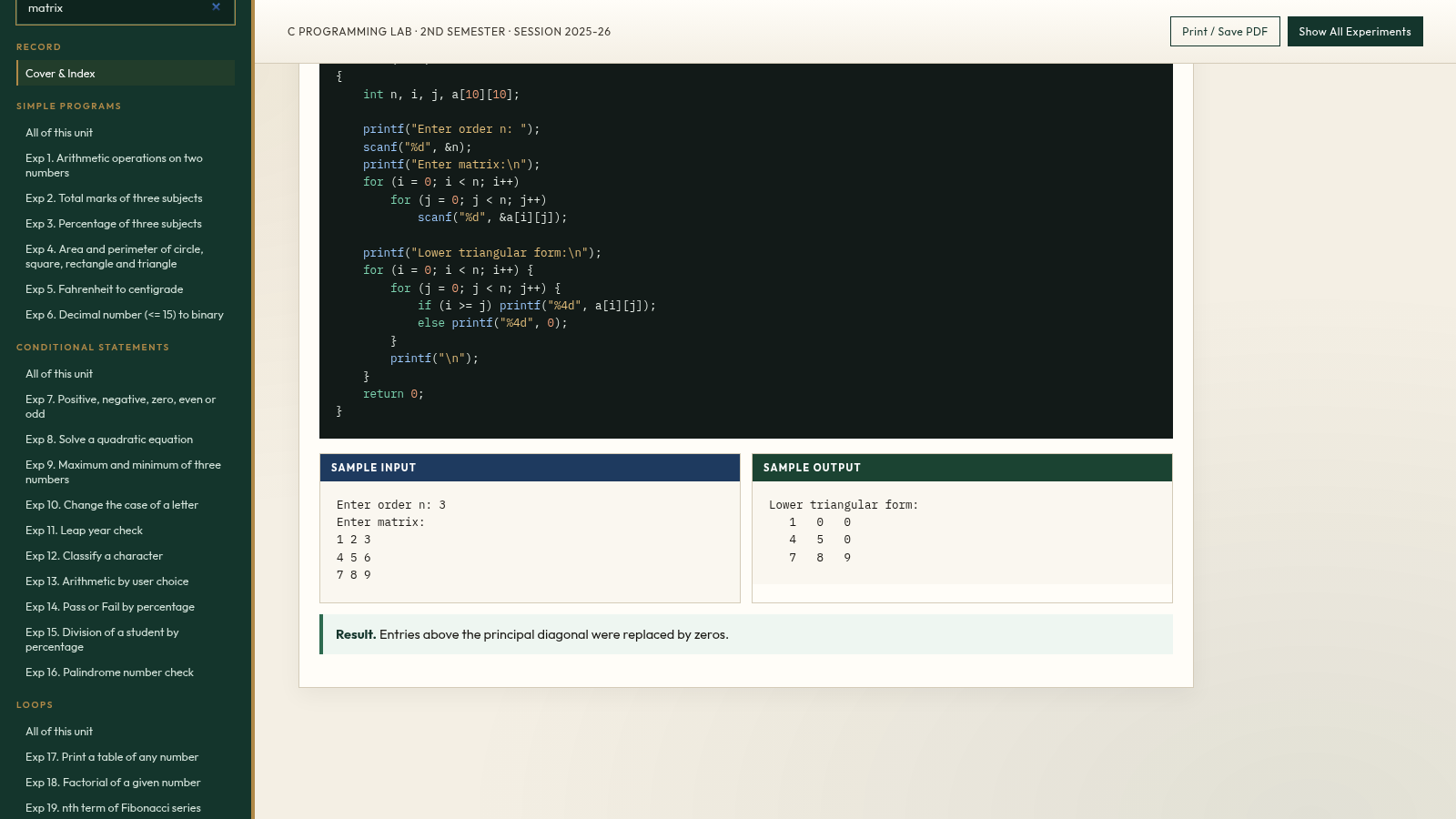 C Programming Practical Record cover