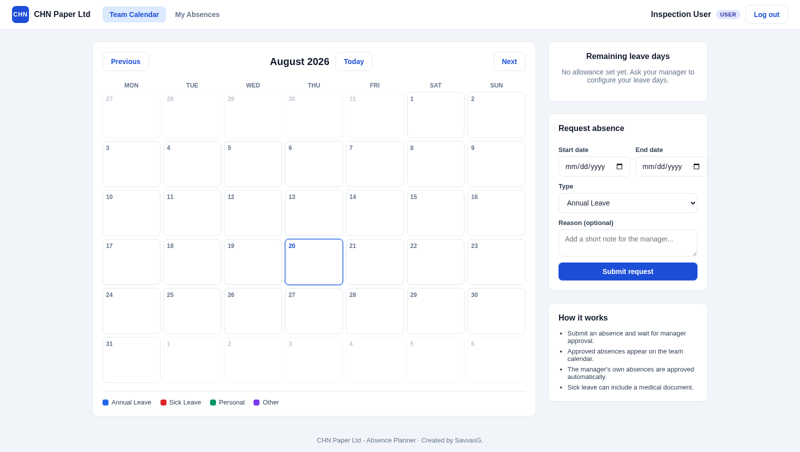 CHN Paper Absence Planner cover